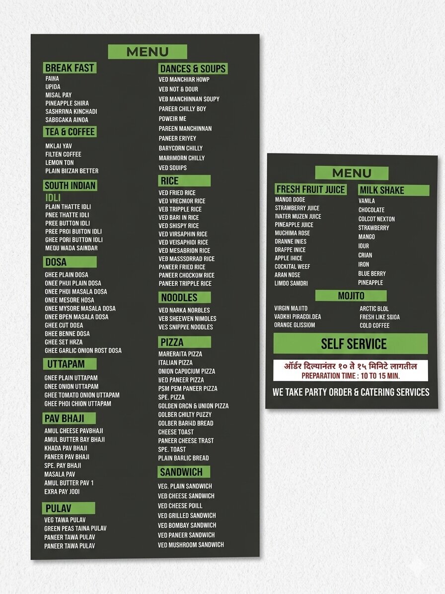 Full menu board — South Indian, Chinese, Pizza, Pav Bhaji
